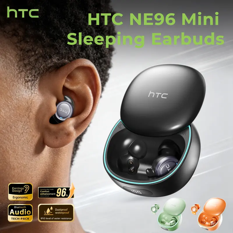 HTC NE96 Wireless Bluetooth 6.0 Earbuds with Built-In Microphone, Waterproof Compact In-Ear Design for Sleep, Office, Sports, Gaming, Studying and Calls