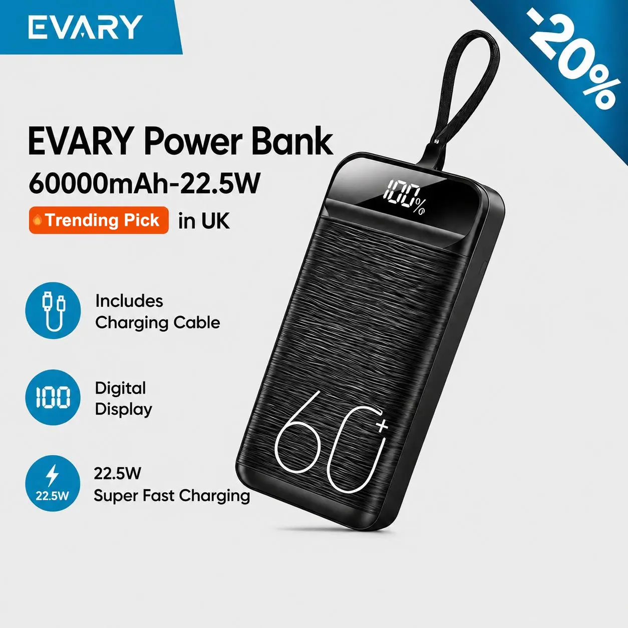Carregador portátil EVARY 60000mAh com carregamento rápido de 22.5W, visor LED, 6 portas e PD QC SCP, compatível com iPhone, Samsung e Huawei, para camping e uso emergencial