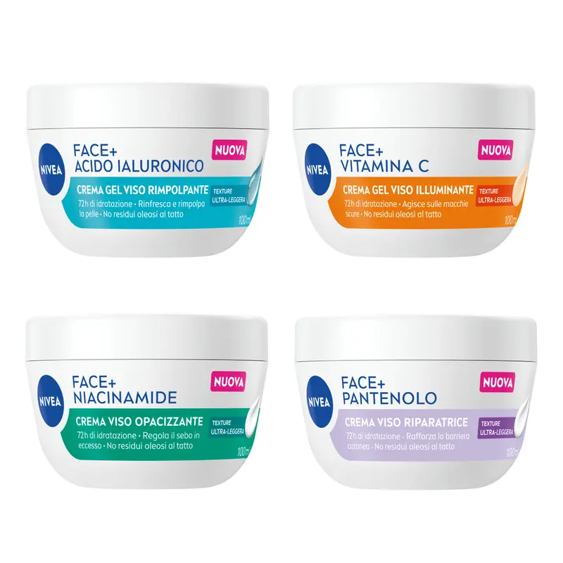 Kit com 4 cremes faciais NIVEA Face+ de 100 ml cada: Ácido Hialurônico, Vitamina C, Niacinamida e Pantenol