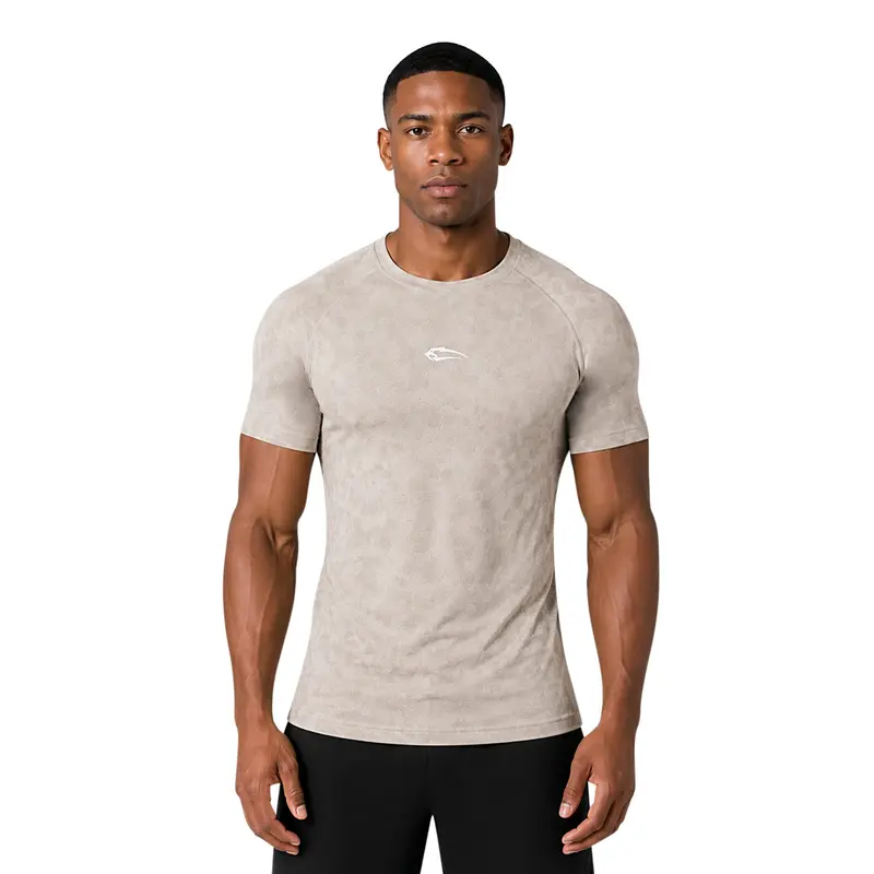 Kompression Camo T-Shirt Varek Grau Herren-Funktionsshirt mit Ton-in-Ton-Camouflage-Muster und Mesh-Optik für Training und Freizeit