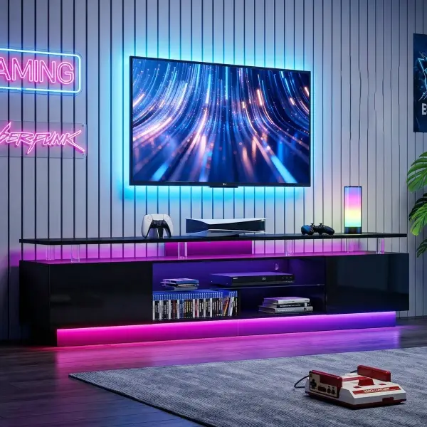 Aoxun mueble para TV negro brillante de 200 cm con control remoto, 2 compartimentos laterales y 3 niveles