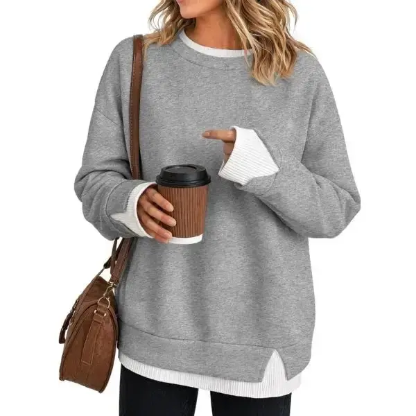 Sweat-shirt femme effet deux pièces à col rond, manches longues à épaules tombantes, fentes latérales, coupe ample et décontractée