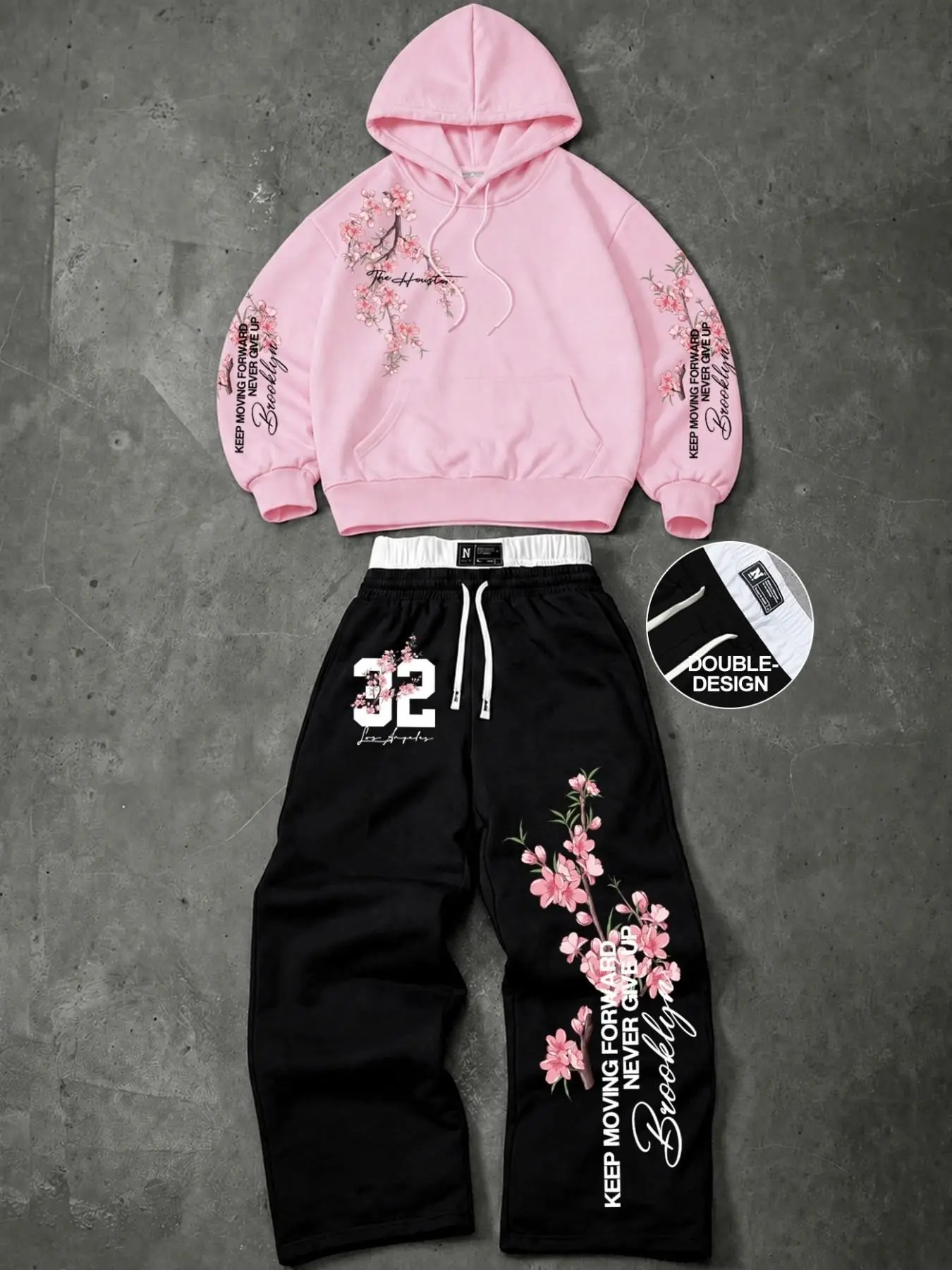 Y2K Floral Cherry Blossom Hoodie Set, 2 Piece Oversized Baggy Sweatpants, Streetwear Athleisure, Casual Daily Wear for Men Women, Casual Sweatshirt Set