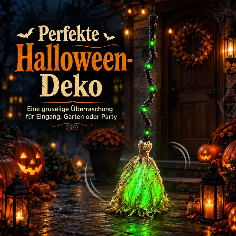 35-Inch Halloween Witch's Broom with Sound-Activated LED Lights and Spooky Sounds, Indoor or Outdoor Decoration