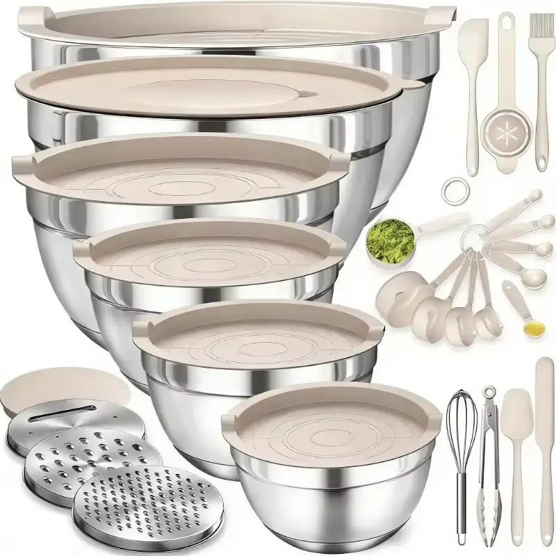 21-Piece Stainless Steel Mixing Bowl Set with Lids, 3 Grater Attachments, Silicone Spatula, Whisk and Measuring Spoons