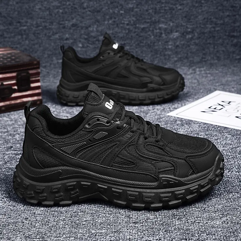 Men's All-Black Rubber Sports Shoes, Korean-Style Casual Running Sneakers, Non-Slip and Breathable