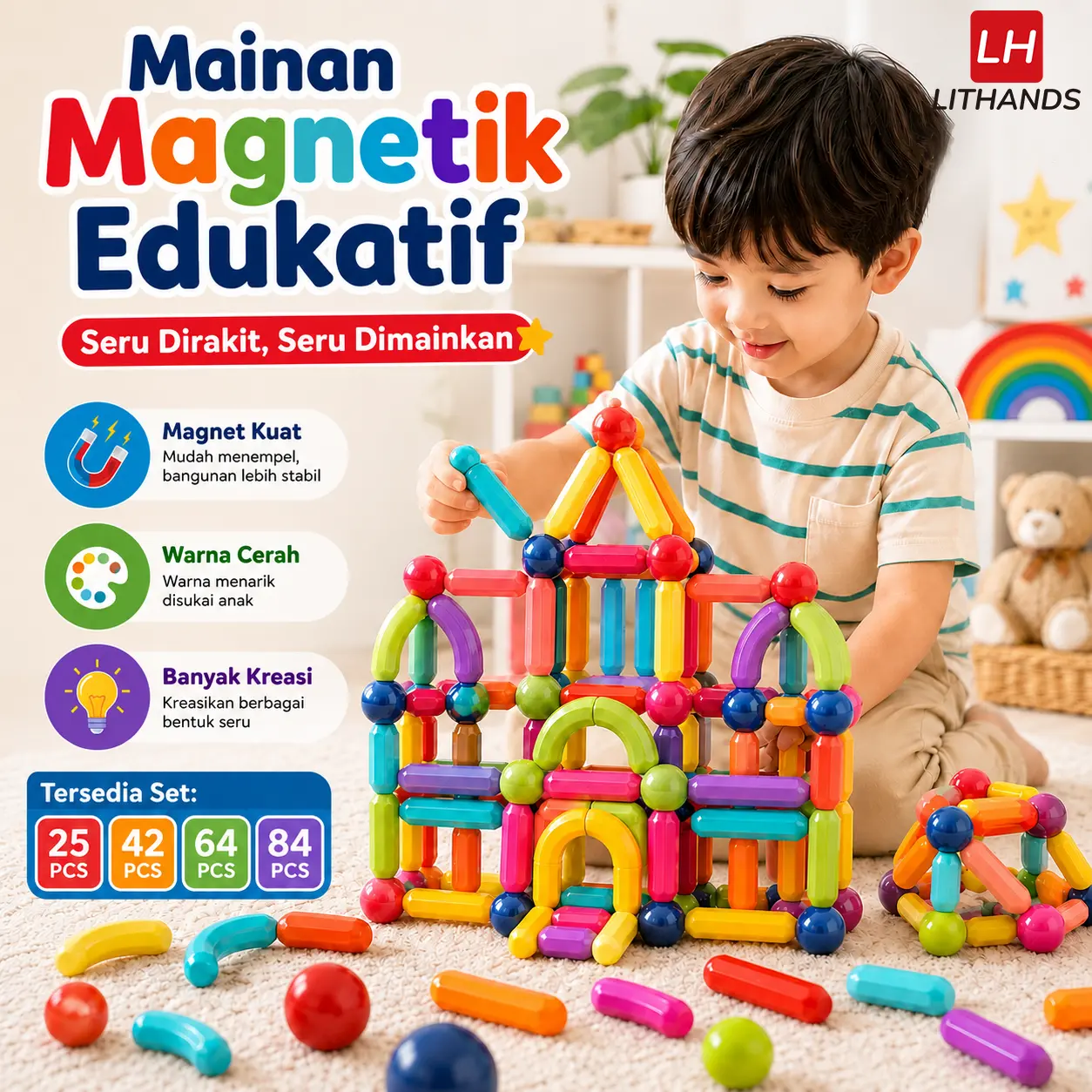 【Pago contra entrega】Lithands, juego Montessori de construcción magnética con varillas y bolas, 130 piezas, juguete educativo de desarrollo intelectual para niños y niñas, con caja de regalo Toys Fun