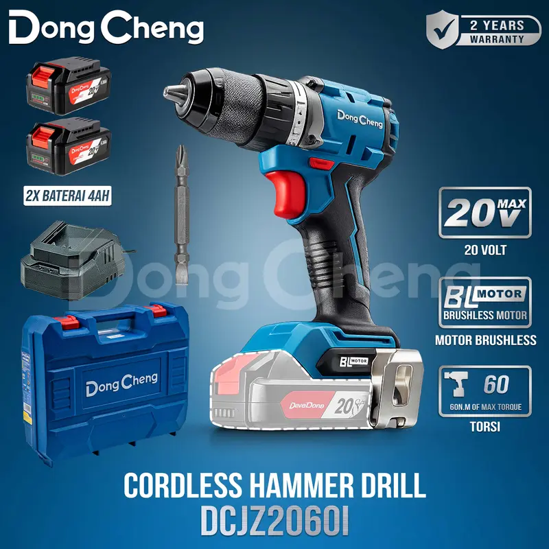 Furadeira de impacto sem fio DongCheng DCJZ2060I EM 20 V, motor sem escovas e mandril de 13 mm, para aço, paredes de tijolo e madeira