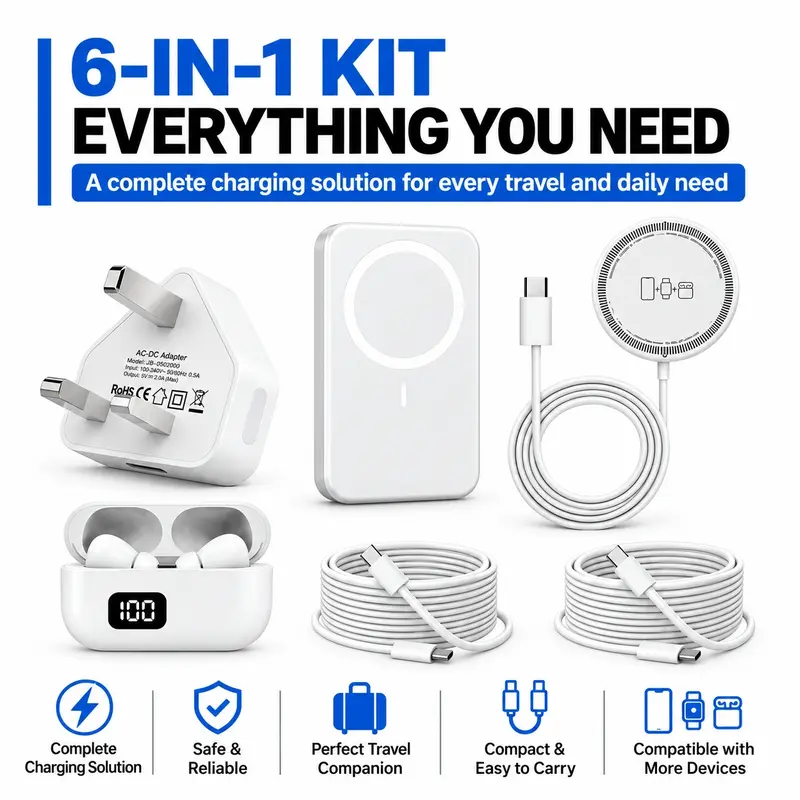 6-in-1 Integrated Charging & Audio Support Kit – All-in-One Portable Device with Magnetic Power Bank, Wireless Charger, Type-C Cable & Adapter Electronic, Father’s Day Gift for Dad