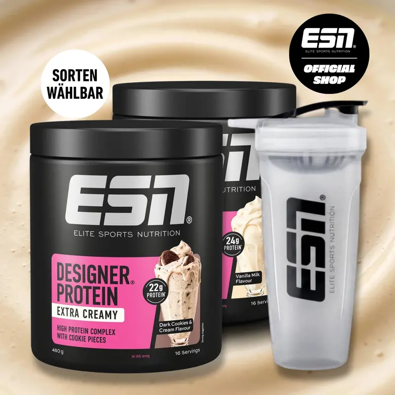 Coffret ESN Designer Protein Extra Creamy Taste : 2 poudres protéinées de 480 g + 1 shaker Elevate pour shakes protéinés sans sucres ajoutés
