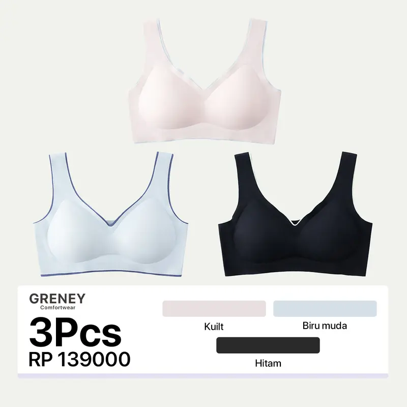 GRENEY-Gbras- (3PCS)Bra Rompi Warna Kombinasi Pakaian Dalam Push Up Bra Wanita Sport Tanpa Kawat Busa  3/4 Coverage Bh Wireless Seamless-89661/88880025