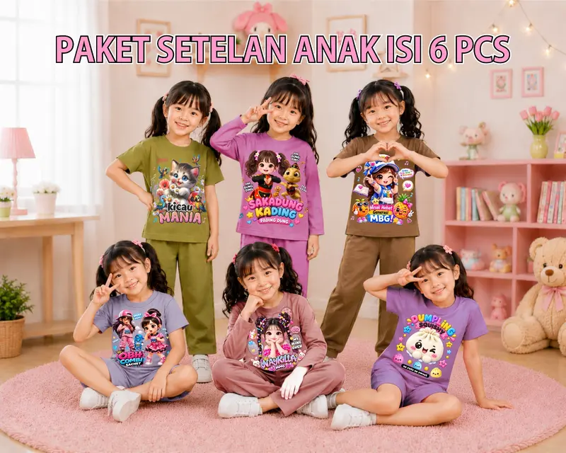 Paket Hemat Setelan Anak Perempuan Polos Motif Random 6 Pcs Usia 1-8 Tahun Motif Viral Naykilla Sakadung Dumpling Kicau Mania