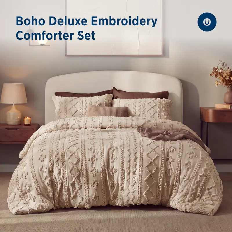Bedsure Tufted Boho Comforter Set, GentleSoft 3 Pieces Farmhouse Shabby Chic Embroidery Bedding, Oversized Bedding, Soft Jacquard Comforter for All Seasons, Bed Set
