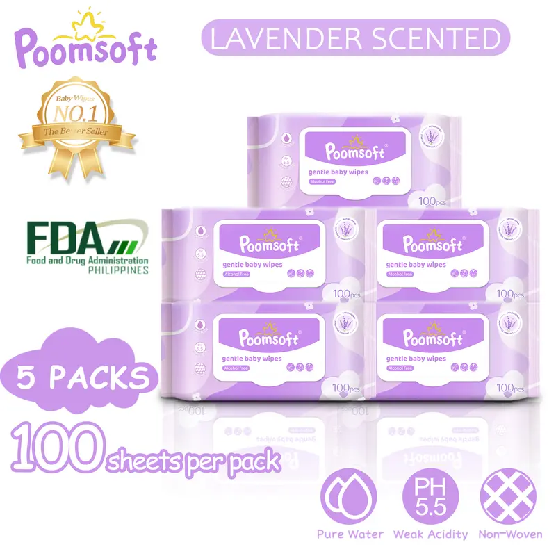 Poomsoft Purple Lavender-Scented Alcohol-Free Baby Wipes, 5 Packs of 100 Sheets, FDA Approved