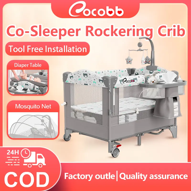 Cuna mecedora colecho COCOBB con cambiador y mosquitera, instalación sin herramientas, amplio espacio de almacenamiento, modo corral de juegos y montaje modular, para facilitar el cuidado del bebé