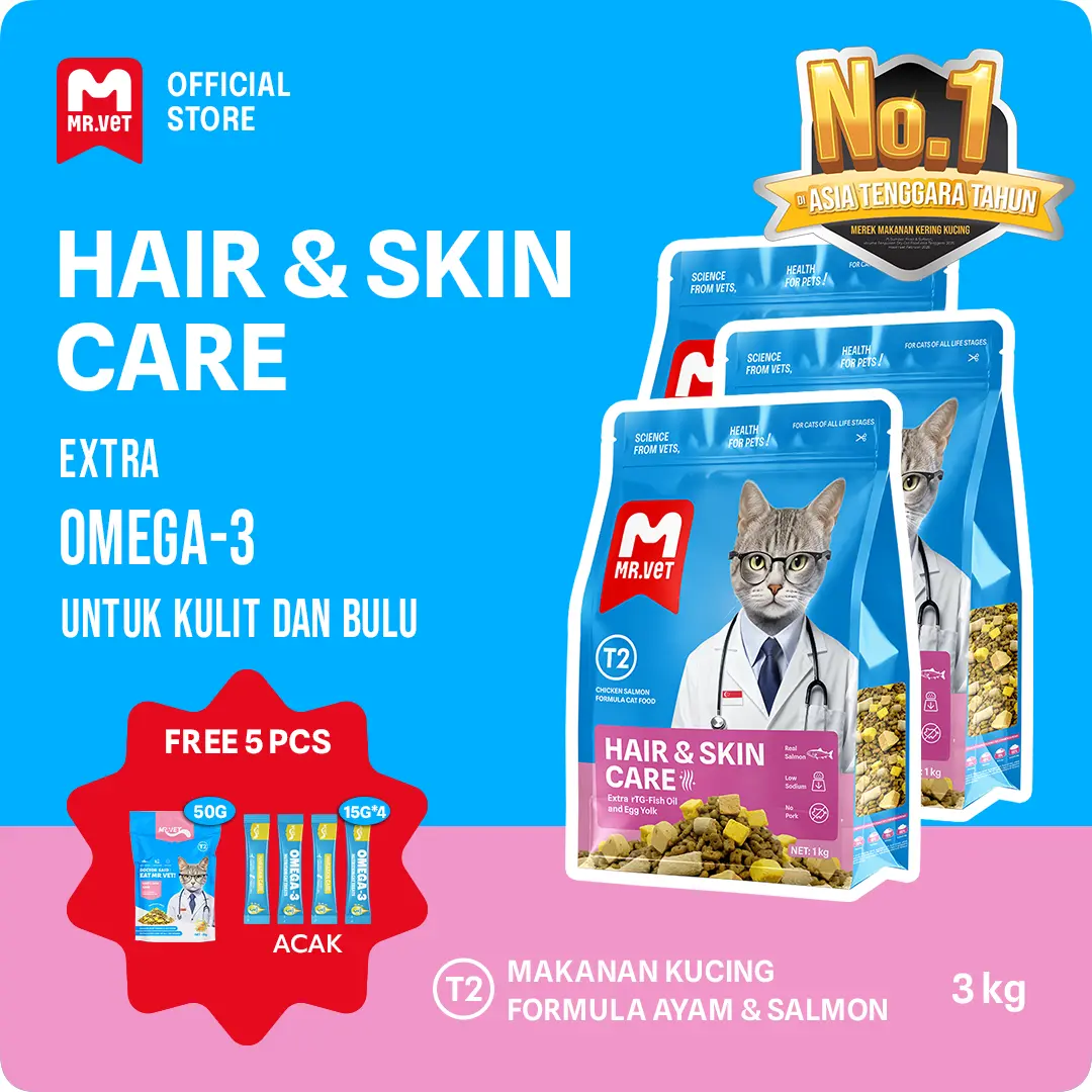 Combo 3 gói thức ăn khô cho mèo Mr.Vet 1kg giúp lông bóng mượt, giảm rụng lông, phù hợp mọi lứa tuổi (TẶNG 1 gói Mr.Vet 50gr + 1 món ăn thưởng)
