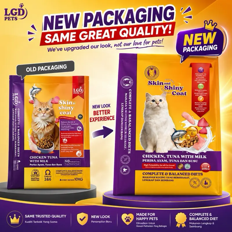 LGD PETS Makanan Kucing Premium 10Kg Chicken Tuna With Milk Protein 28% Kibble Kucing For Skin & Shiny Coat