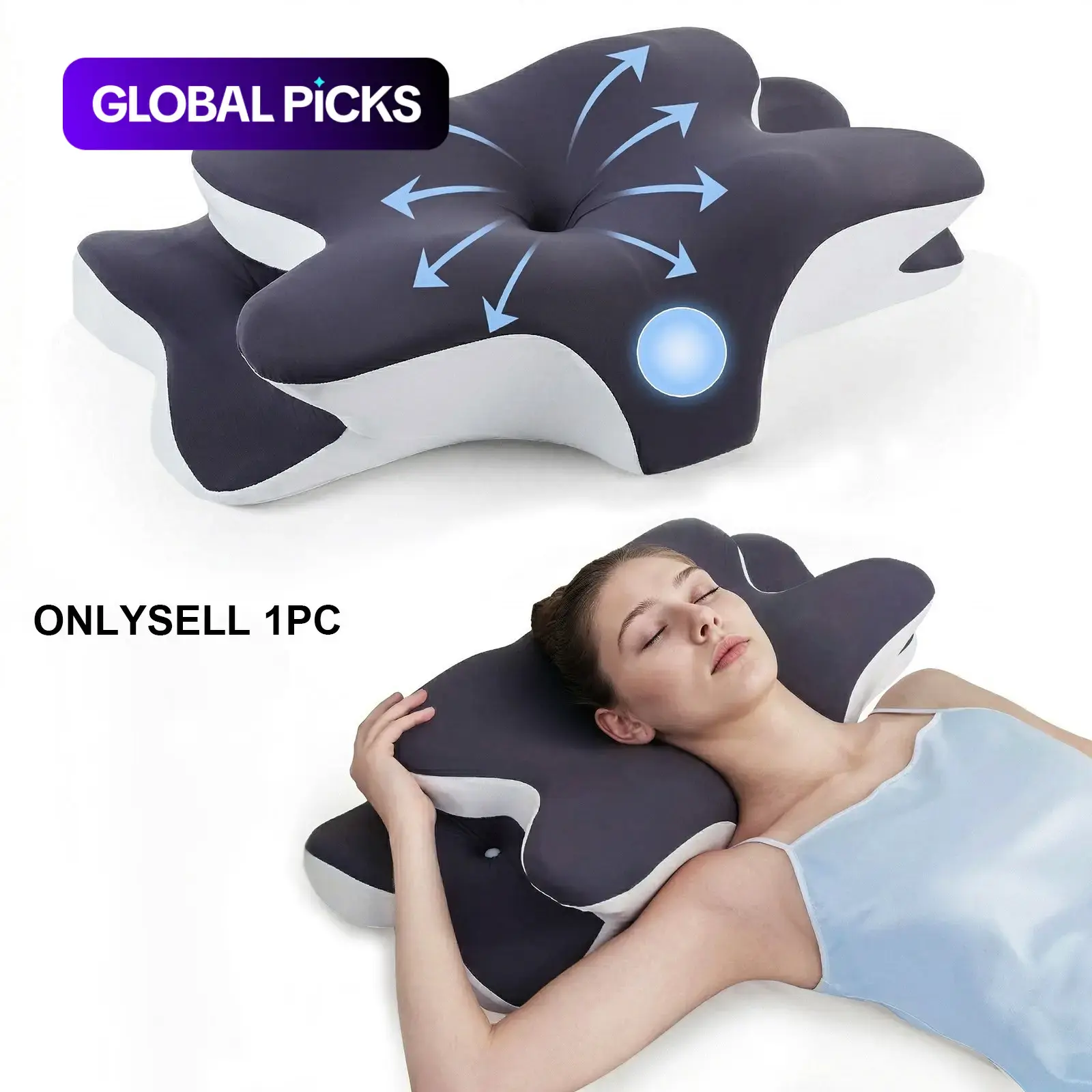 Gối cổ công thái học hai mặt bằng memory foam, vỏ làm mát, thiết kế phân vùng và bệ đỡ tay cỡ lớn cho người nằm nghiêng, nằm sấp và nằm ngửa #GLOBAL PICKS