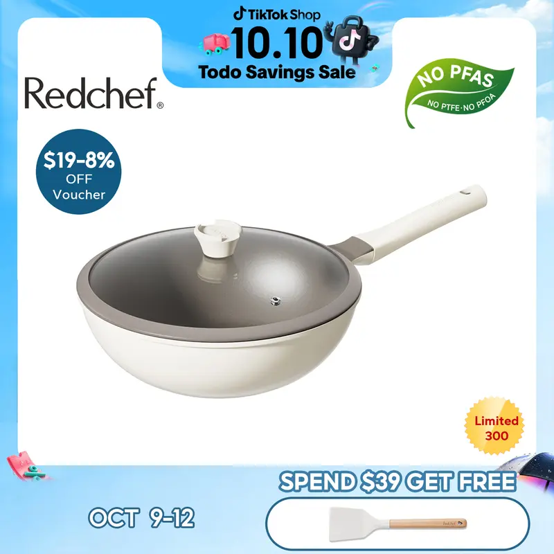 Redchef Large-Capacity Nonstick Ti-Ceramic Wok with Silicone Cover, PFAS-, PTFE- and PFOA-Free, for Induction and Gas Stoves