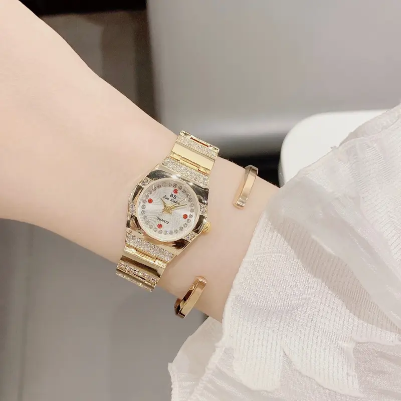 Đồng hồ nữ BS mạ gương kiểu cổ điển cách tân, mặt số đính đá đỏ, khóa cài