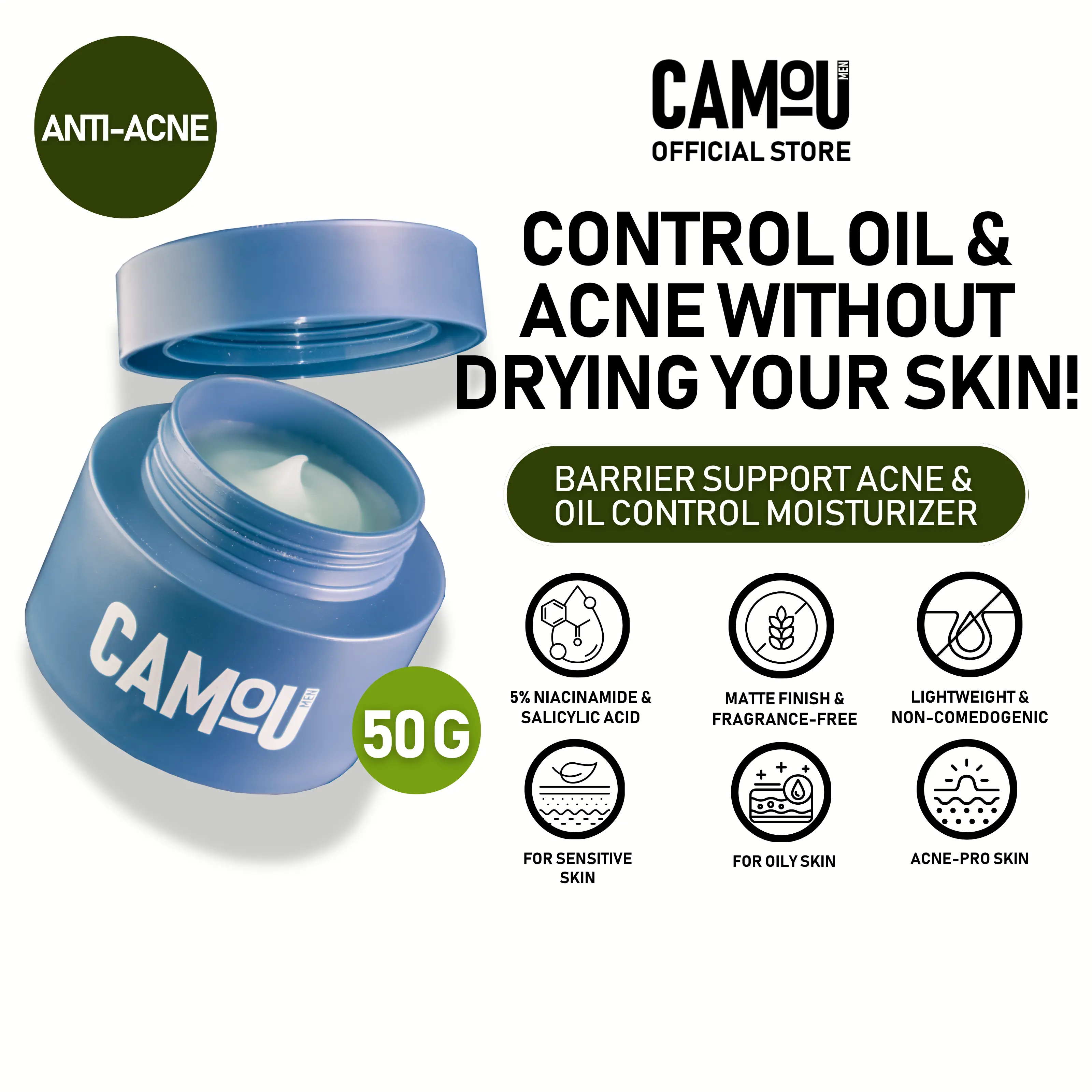 (NEW) Camou Barrier Support Acne & Oil Control Moisturizer Niacinamide Prebiotic Complex Salicylic Acid Non Comedogenic Lightweight Acne PRone and Oily Skin Lightweight Matte Finish Patch Tested 8hr Oil Control Fragrance Free