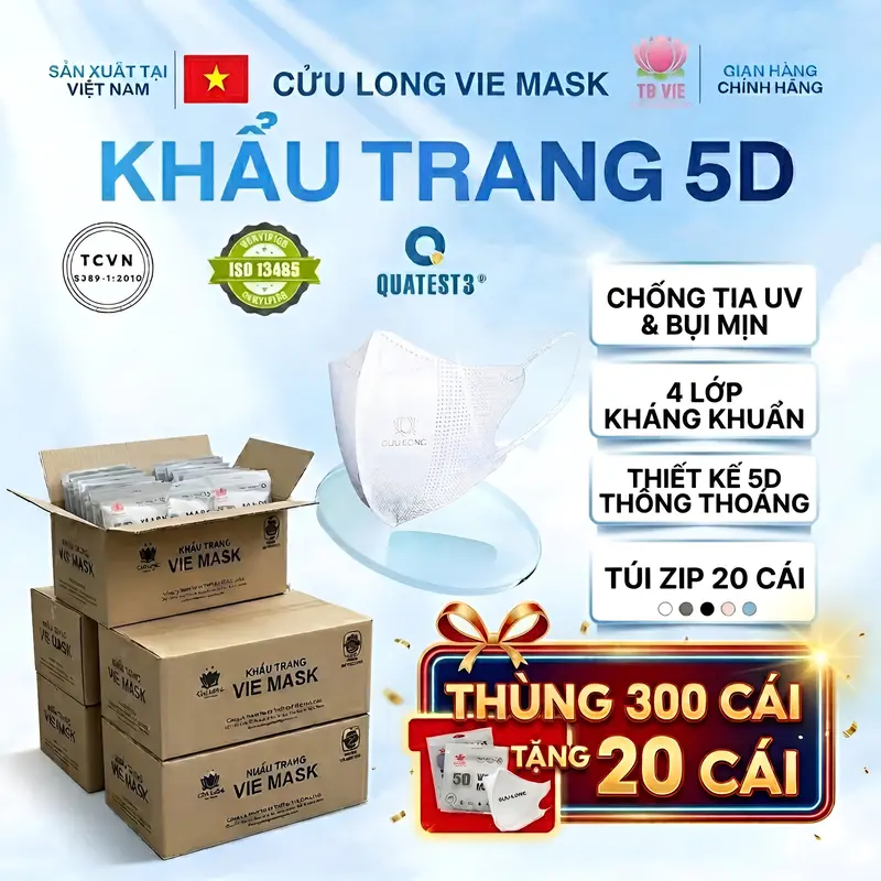 4 LỚP 100c-300c TẶNG 20 5D TBVIE MASK - Khẩu Trang 5D 4 Lớp Kháng Khuẩn Cửu Long -Túi Zip 20 Chiếc - Màu Sắc Đa Dạng