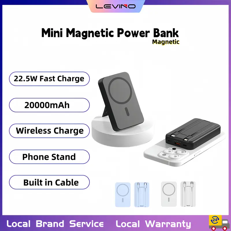 LEVINO 20000mAh Power Bank with 15W Magnetic Wireless Charging, 22.5W PD Fast Charging, Type-C, USB Port and Phone Stand for iPhone 16, 15, 14, 13, 12, 11 and XS Max