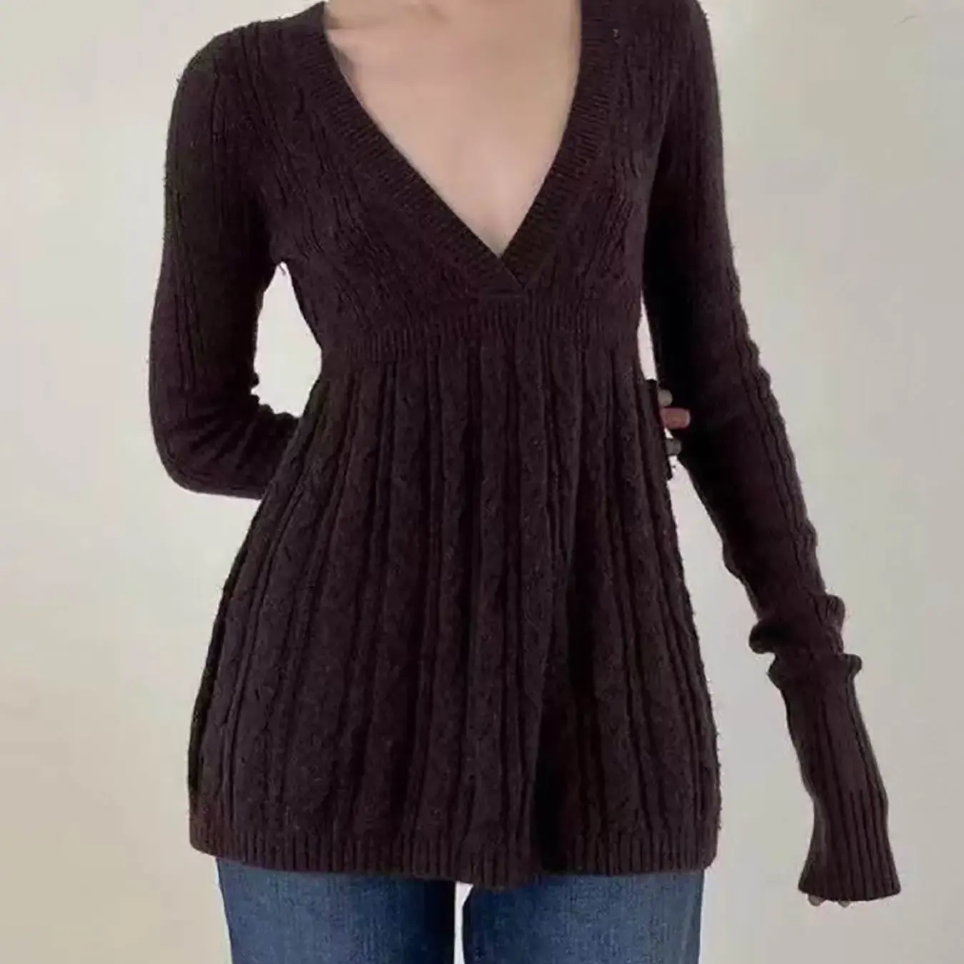 Women's Y2K Vintage Sweater, Soft Long Sleeve V-neck High Waist Knitwear for Women