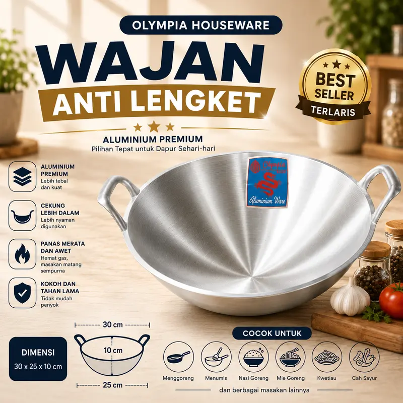 Wajan Aluminium Olympia Naga No.10 Ukuran 25cm | Wajan Cekung Tebal Anti Lengket | Wok Goreng Masak Premium