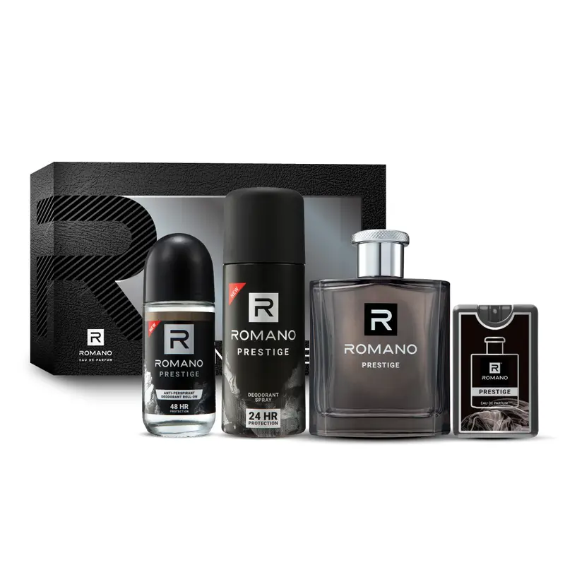 ROMANO Prestige EDP Perfume Gift Box with Pocket Perfume, Roll-On Deodorant and Deodorant Spray, Long-Lasting Fragrance