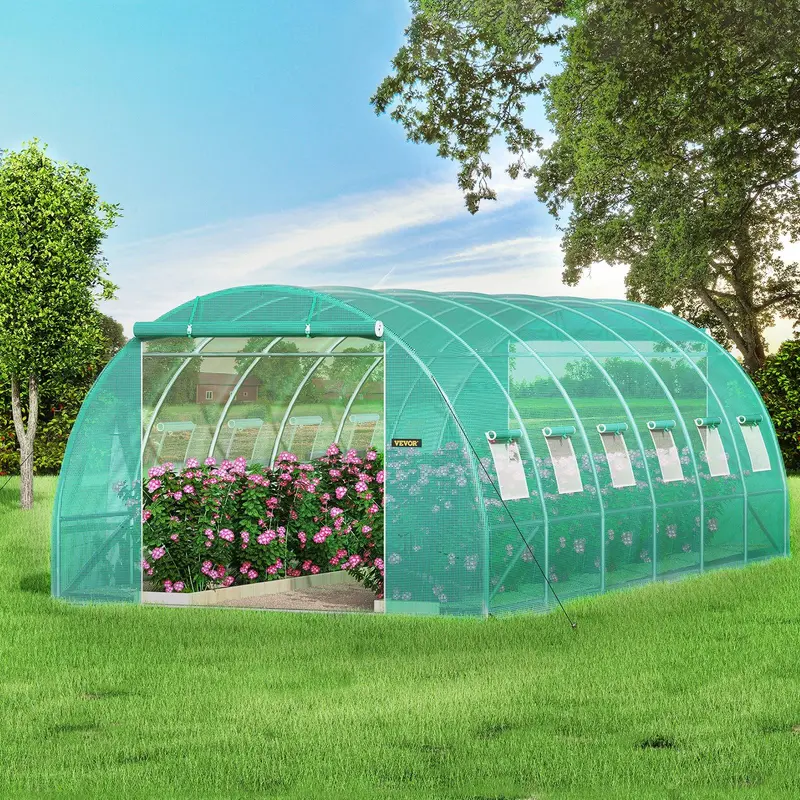 VEVOR Modern Walk-In Metal Tunnel Greenhouse with Galvanized Steel Hoops, 3 Top Beams, Diagonal Poles, Zippered Doors and Roll-Up Mesh Windows