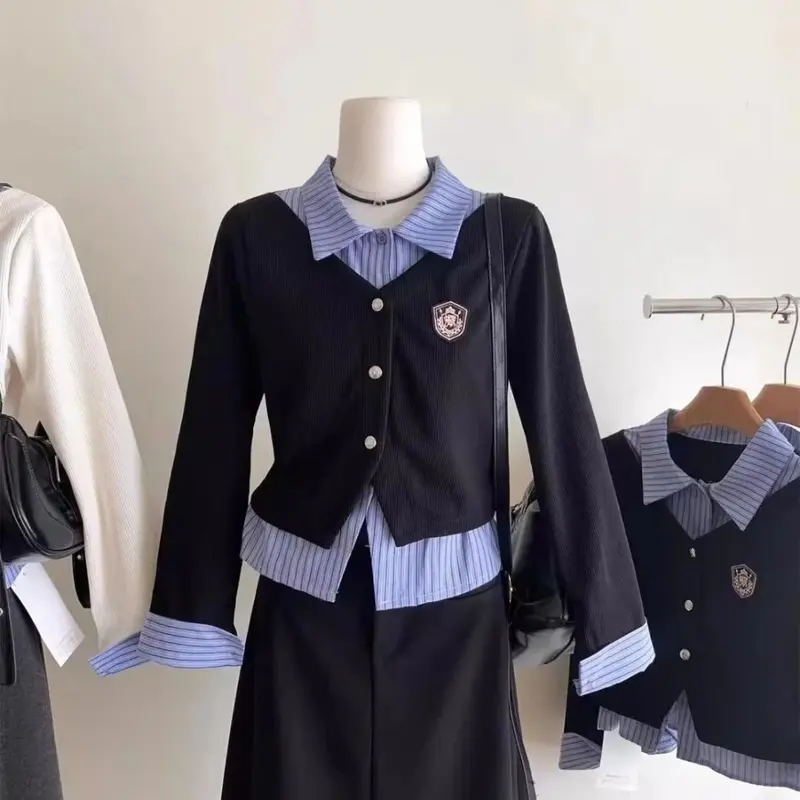 Blaus Wanita, Gaya Retro, Langsing, Kasual, Kolar Lapel, Lengan Panjang, dengan Corak Jalur, Fesyen, Stok Sedia, Korea