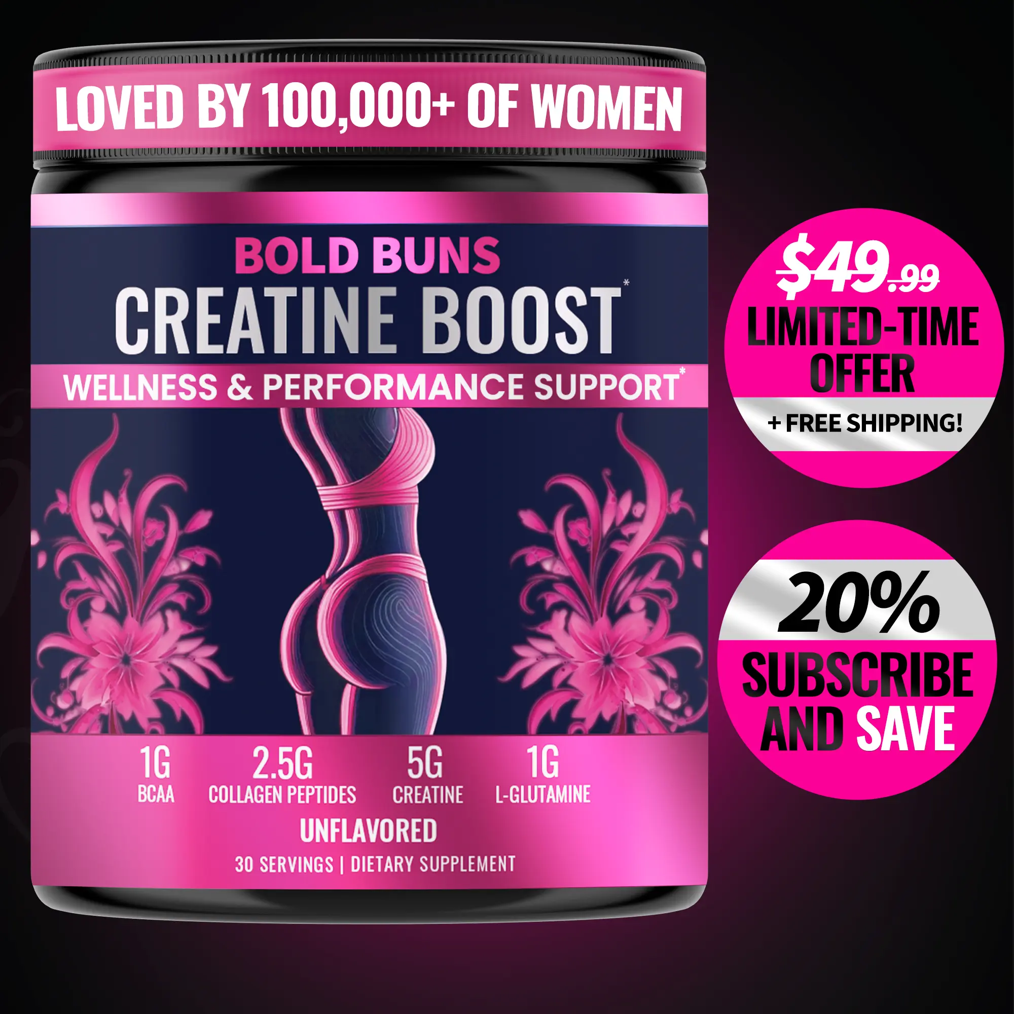 Bold Buns Créatine pour femmes – force, éclat de la peau, santé des cheveux et récupération – 30 portions