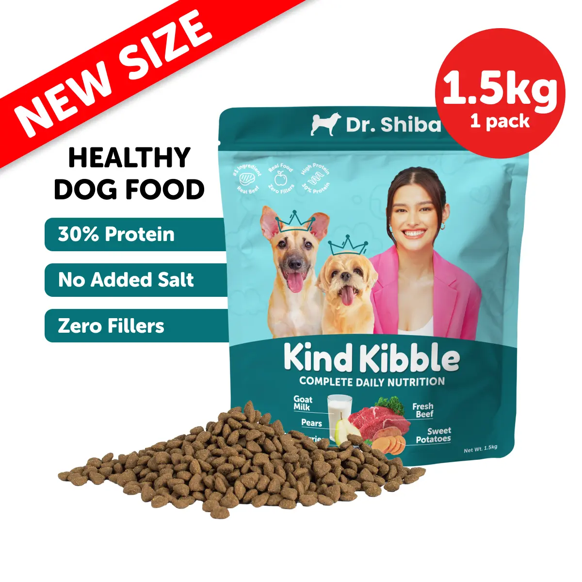 Dr. Shiba's Kind Kibble (500g, 1.5kg, 8kg): alimento rico en proteínas para perros adultos, sin sal, 30% de proteína de carne de res real y nutrición diaria completa