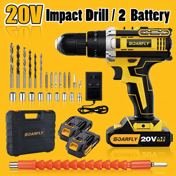 20V Max Cordless electric drill Tool, with pure copper Motor andsturdy Grip steel body, offers high Torque for impact drilling andscrewdriving.The set includes one/two Battery, a charger, and adurable Box, perfect for industrial work and DlY projects