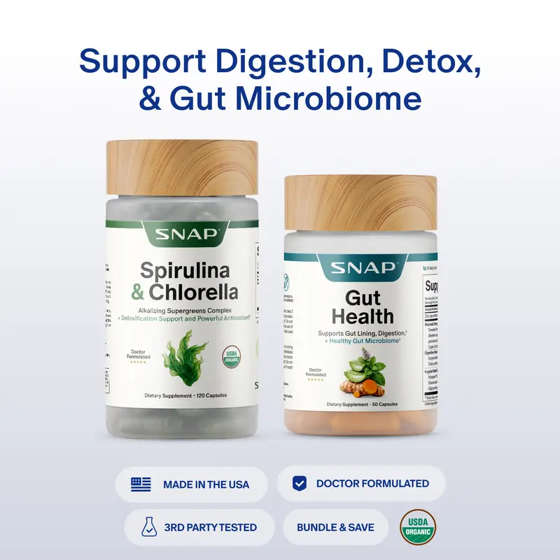 Paket Suplemen Kesehatan Pencernaan Snap Supplements Gut Health + Spirulina & Chlorella dengan Prebiotik dan Probiotik