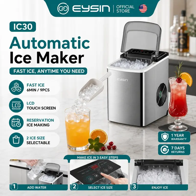 EYSIN IC30 Portable Stainless Steel Automatic Ice Maker, 2.2 L Water Tank, 12 kg/24 h