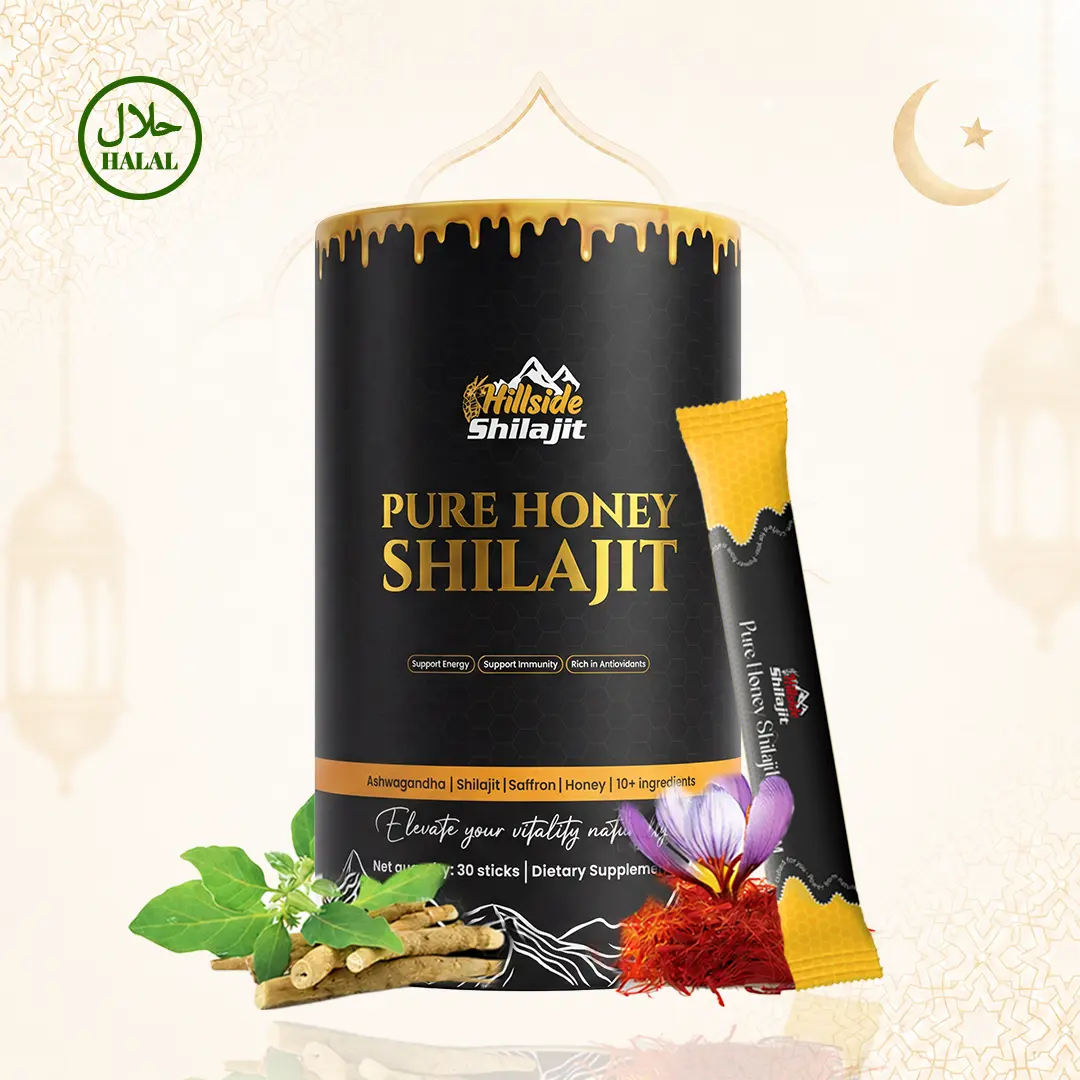 Hillside Honey Shilajit Sticks GOLD+ con azafrán y ashwagandha, 30 sobres de 8 g, suplemento con miel