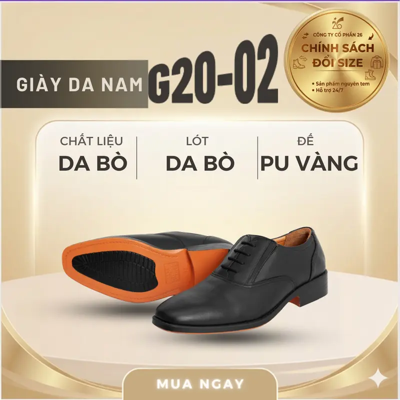 Giày da G20-02 da thật - Đế PU màu vàng cao cấp