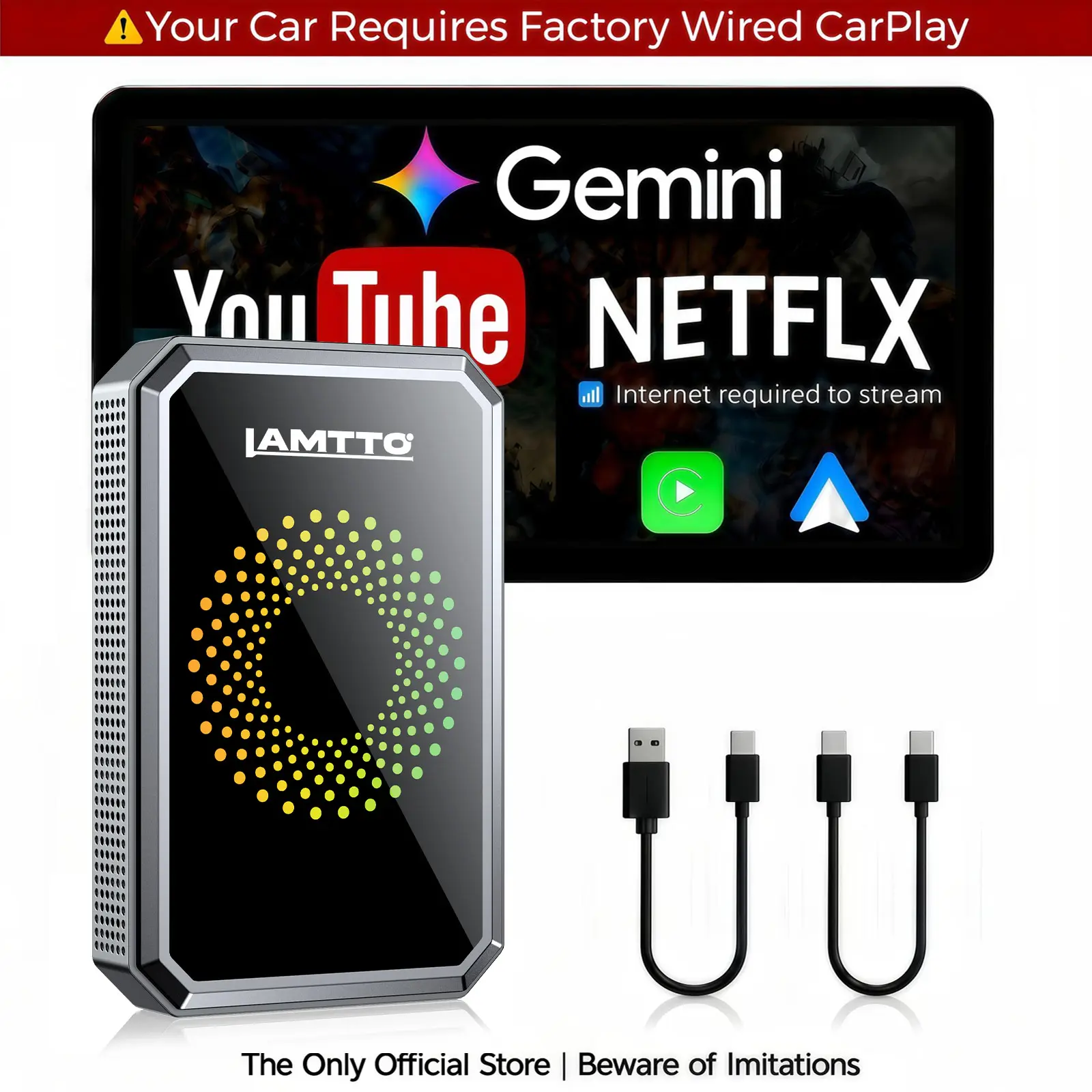 【️️CHECK COMPATIBILITY】LAMTTO 2026 Wired CarPlay to Wireless Adapter -Stream Netflix/YouTube/TikTok & Gemini AI on the Touchscreen : Hotspot Required, ONLY for Wired CarPlay/Android Auto Vehicles -NOT Wireless CarPlay | Car Accessories , tooluograde