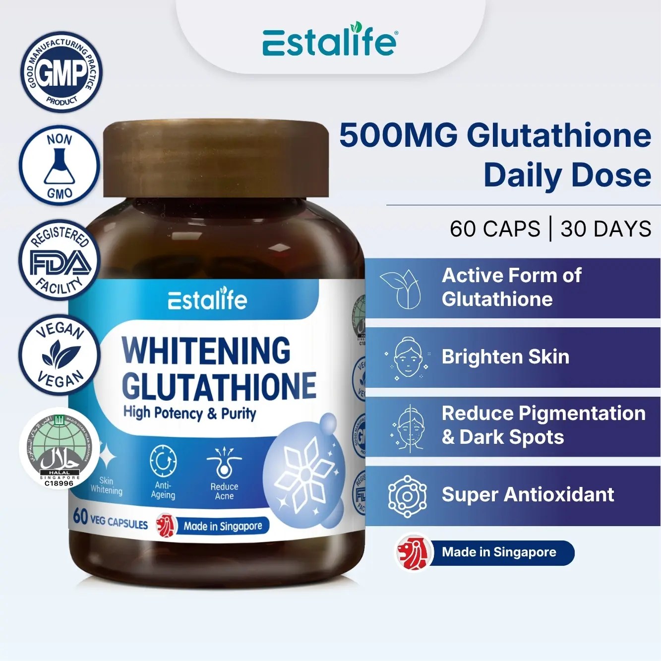 Estalife Whitening Glutathione 500 mg, complément pour la santé et l’éclat de la peau, soutien antioxydant, 60 capsules