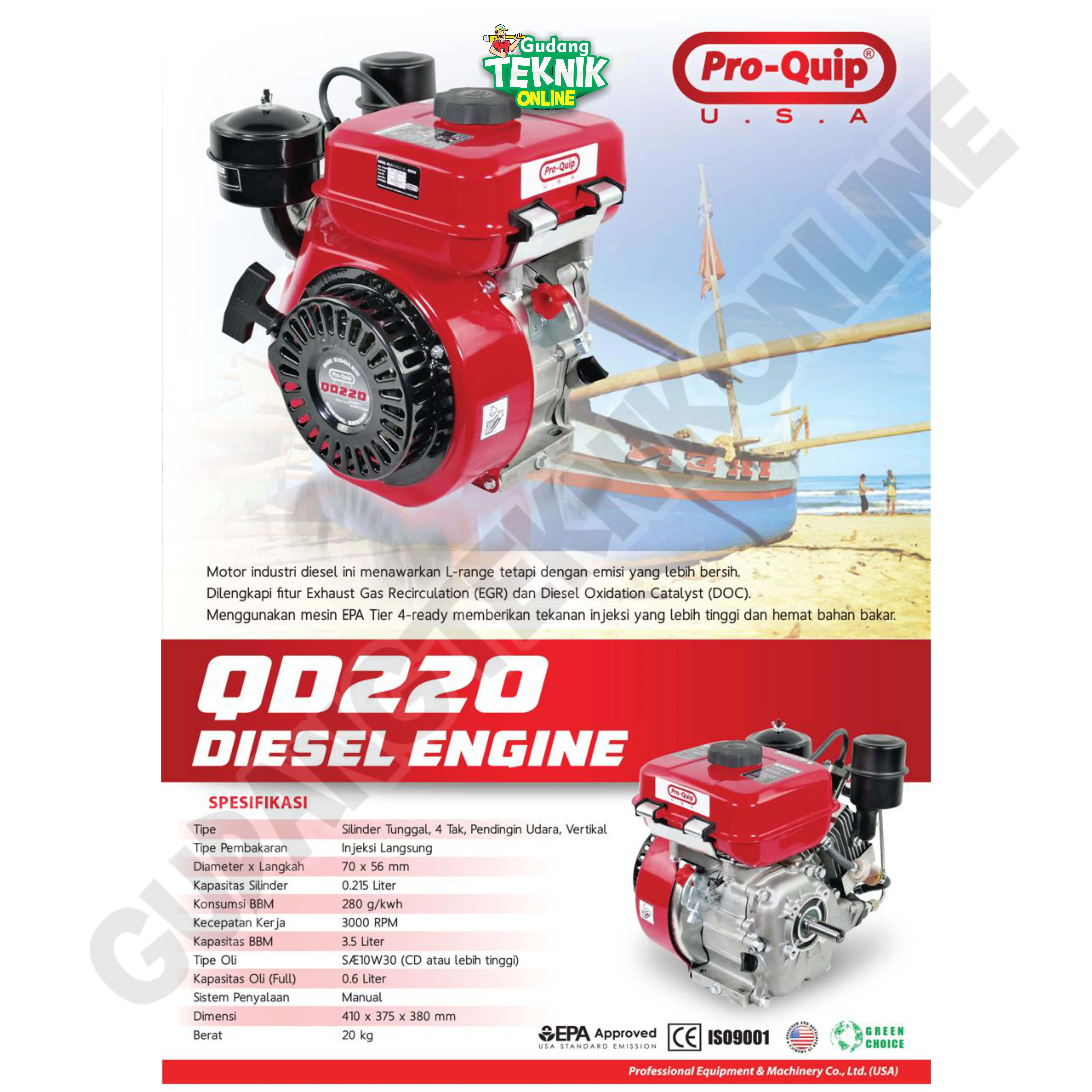 PROQUIP Engine Penggerak DIESEL 9HP PROQUIP QD220 9PK QD220 Mesin Penggerak Serbaguna Solar Diesel Ketinting Mesin Perahu Kapal QD-220 QD 220 PRO QUIP PRO-QUIP