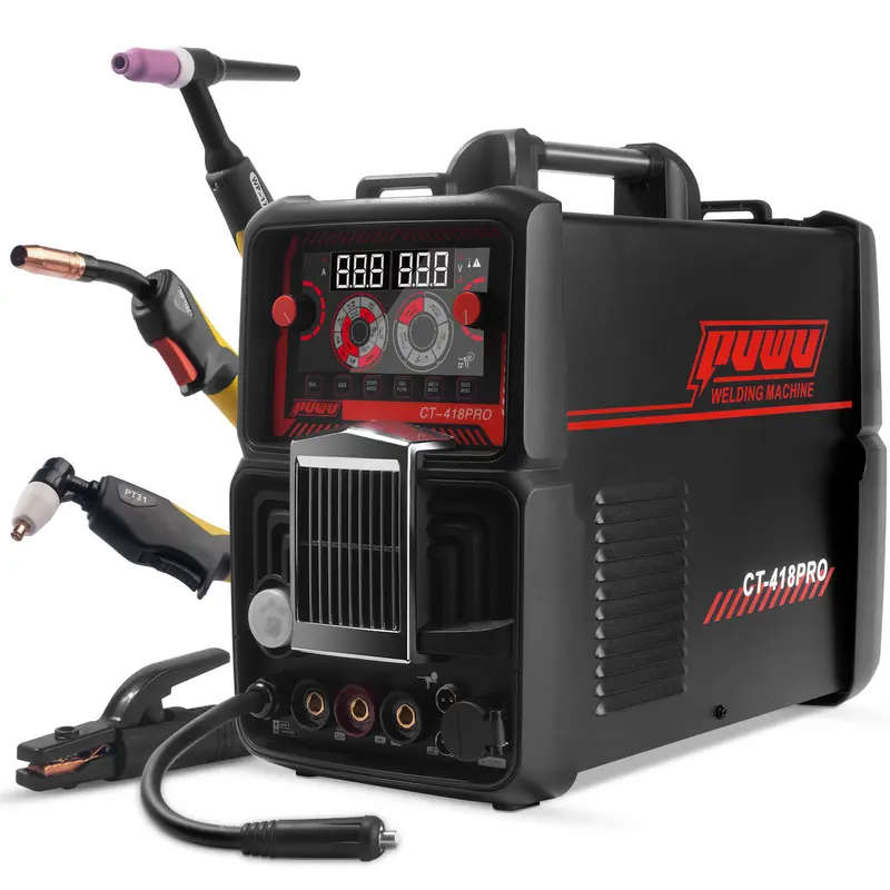 PUWU CT-418PRO 5-in-1 IGBT Inverter Portable Welder, Gas/Gasless MIG, HF TIG, Stick and CUT, 110V/220V, LED Display, MP200, Aluminum Capable