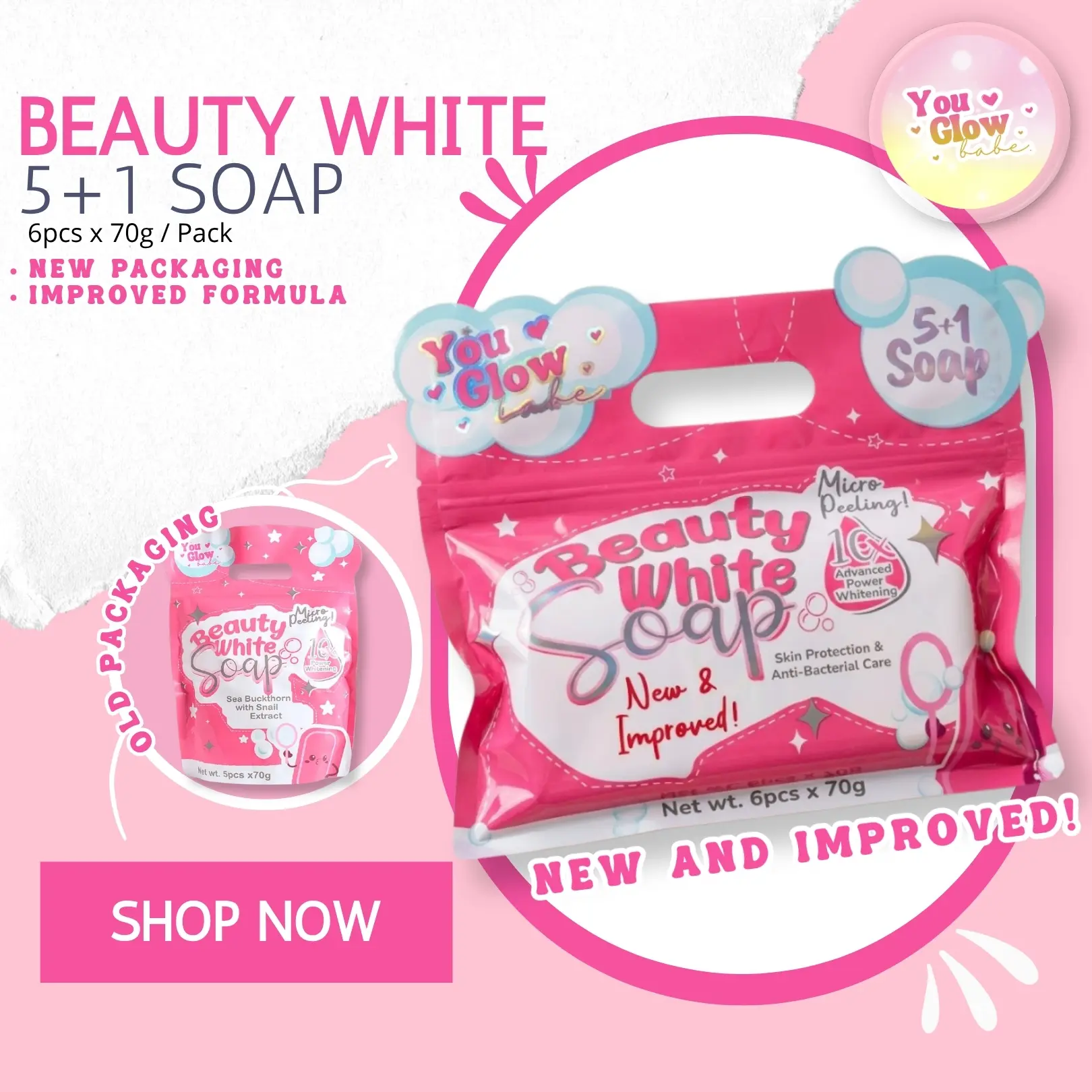 Sabonete You Glow Babe Beauty White com espinheiro-marítimo, extrato de caracol e niacinamida para corpo, 1 pacote com 6 unidades de 70g, nova embalagem melhorada