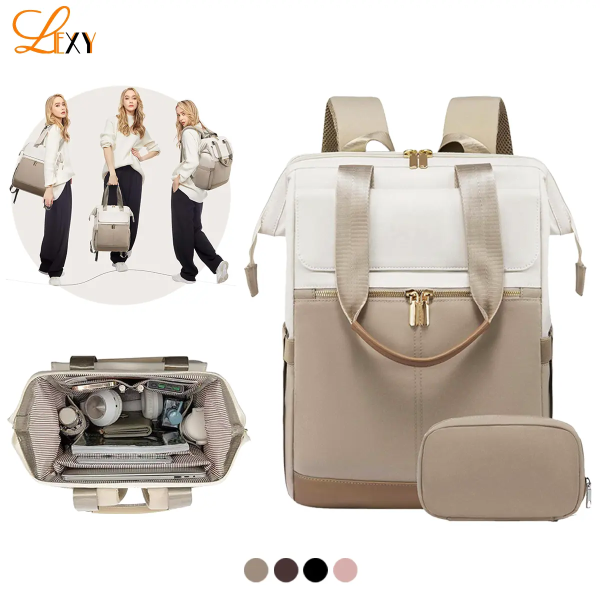 Set LEXY 2 en 1 de mochila escolar y de viaje multifunción para mujer, con bolsa complementaria y material resistente al agua