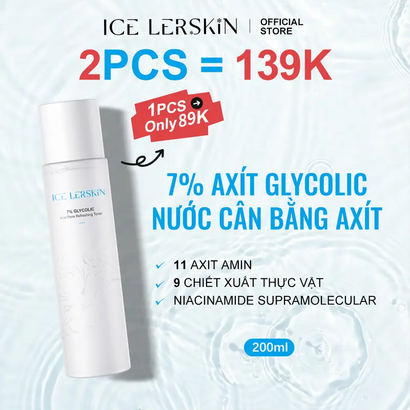 【Mua 3 Tặng 1】ICE LERSKIN 7% Glycolic Acid Nước Hoa Hồng 200ML*3 + [Quà Tặng Miễn Phí] Sữa Rửa Mặt 100g, Set: Nước Hoa Hồng 200ML + Tinh Chất Trị Mụn 10ml, Nước Hoa Hồng 200ML + Sữa Rửa Mặt 100g, Nước Hoa Hồng 200ML + Sữa Rửa Mặt 100g + Kem mắt 20g