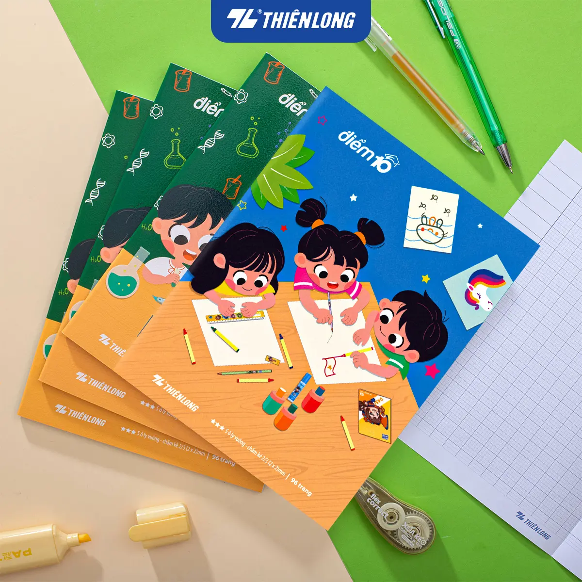 学生练习本5本/10本套装，96页、5mm方格、80gsm，Điểm 10 TP-NB074，图案随机