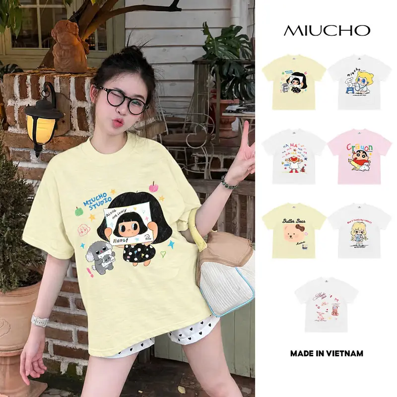 [Cotton xược] Áo thun nữ form boxy BST hoạt hình chất slub  Miucho