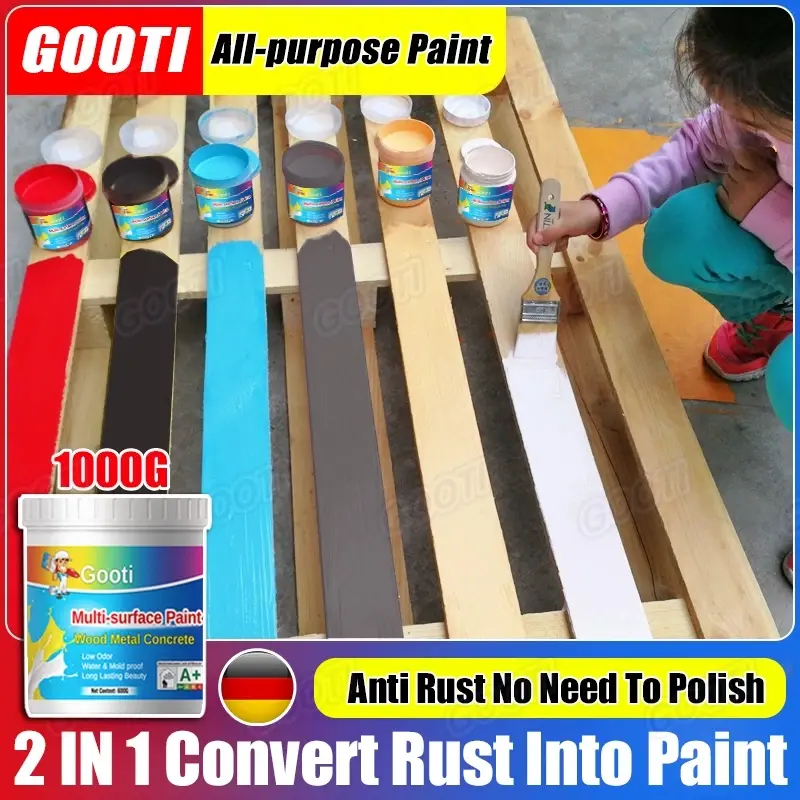 Sơn đa bề mặt gốc nước GOOTI 1kg kèm cọ, dùng cho gỗ, tường, gạch, bê tông và kim loại, chống gỉ