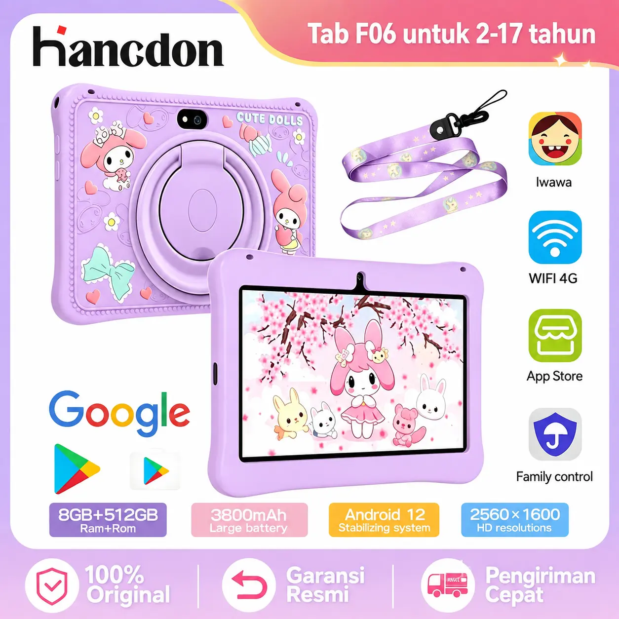 Hancdon F06 7インチ キッズ向けAndroid学習タブレット バッグ型ケース付き タッチスクリーン・Wi-Fi・Bluetooth・ゲーム対応 ピンク